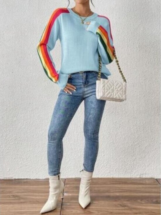 Women's Colorful Rainbow Striped Casual Crewneck Sweater Long-SleeveTops - Picture 6 of 6